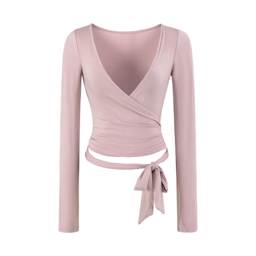 Long-Sleeve V-Neck Plain Wrap Crop Top