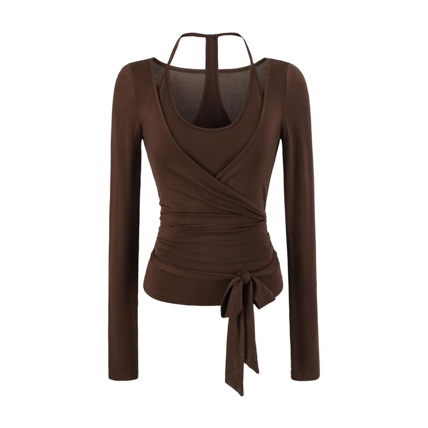 Long-Sleeve V-Neck Plain Wrap Crop Top