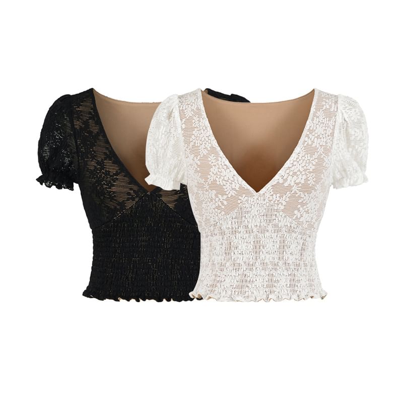 Puff-Sleeve V-Neck Lace Smocked Top
