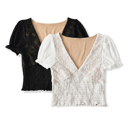 Puff-Sleeve V-Neck Lace Smocked Top
