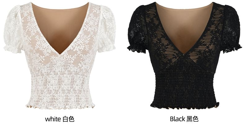 Puff-Sleeve V-Neck Lace Smocked Top