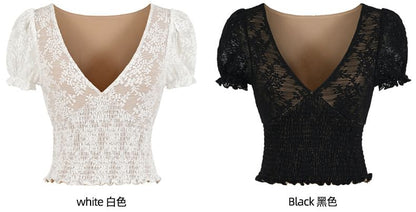 Puff-Sleeve V-Neck Lace Smocked Top