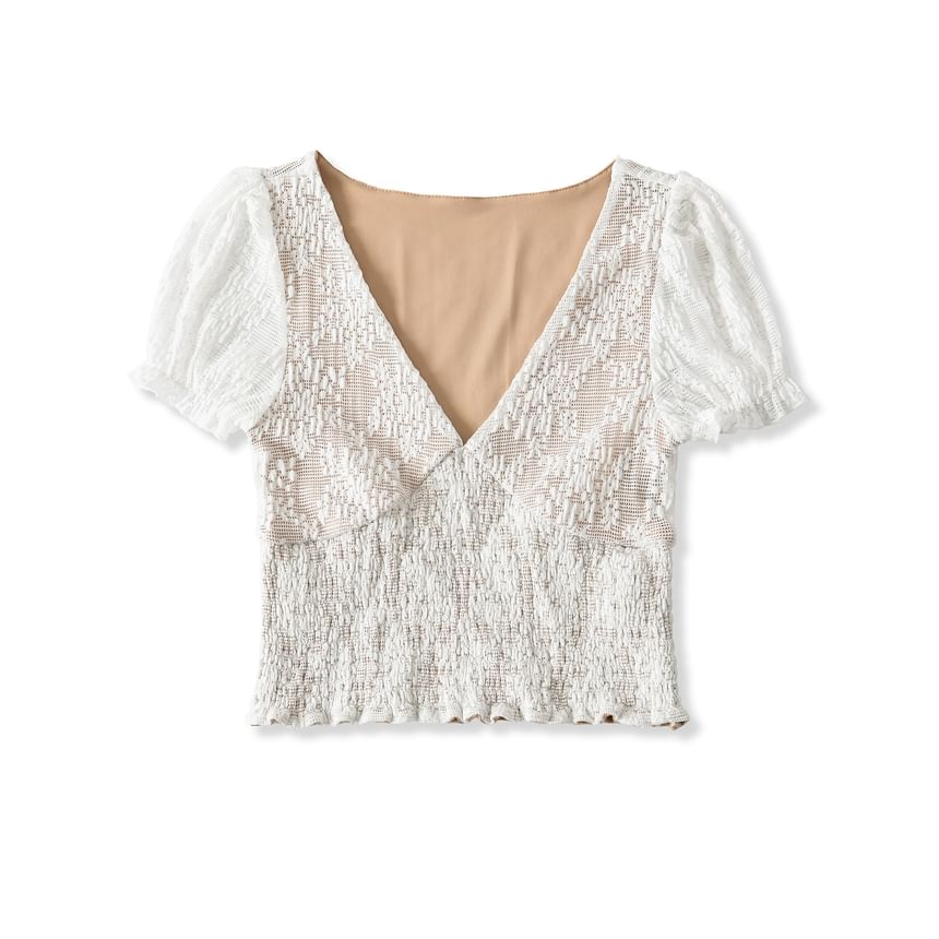 Puff-Sleeve V-Neck Lace Smocked Top