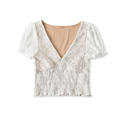 Puff-Sleeve V-Neck Lace Smocked Top