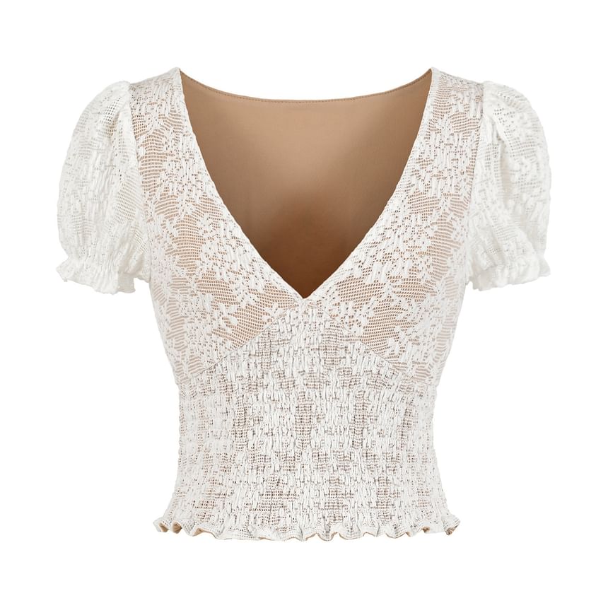 Puff-Sleeve V-Neck Lace Smocked Top