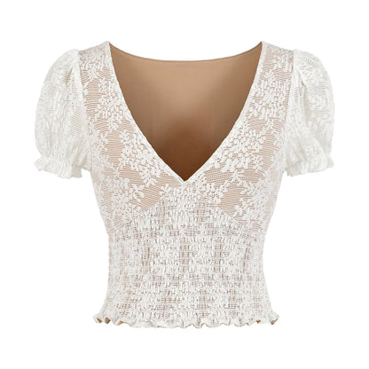Puff-Sleeve V-Neck Lace Smocked Top