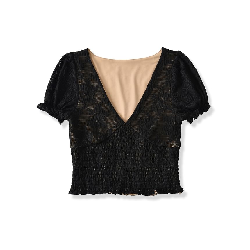 Puff-Sleeve V-Neck Lace Smocked Top