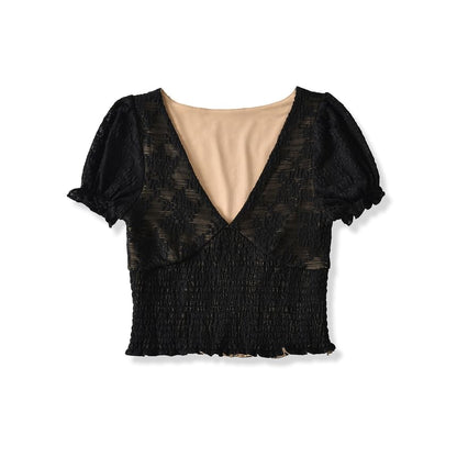 Puff-Sleeve V-Neck Lace Smocked Top