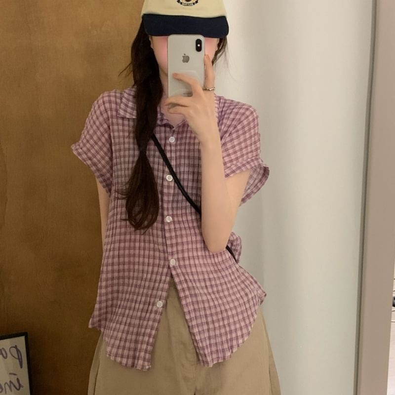 Short Sleeve Plaid Slim-Fit Shirt
