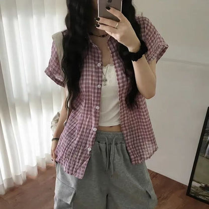 Short Sleeve Plaid Slim-Fit Shirt