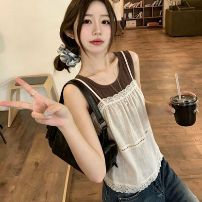 Set: Lace-Trim A-Line Camisole Top + Plain Tank Top