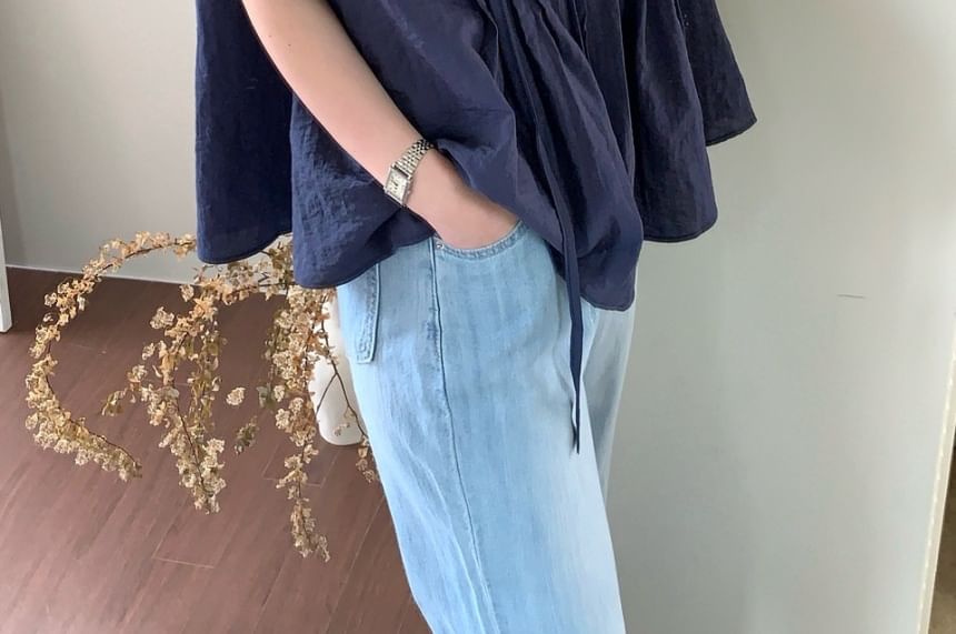 Short Sleeve Tie-Neck Plain Pleated Loose-Fit Blouse
