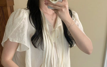 Short Sleeve Tie-Neck Plain Pleated Loose-Fit Blouse