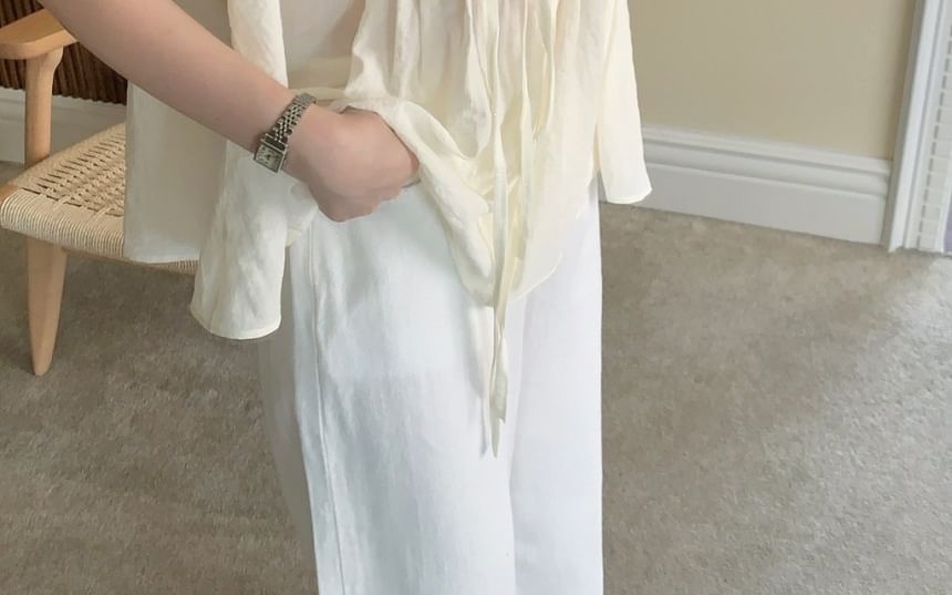 Short Sleeve Tie-Neck Plain Pleated Loose-Fit Blouse