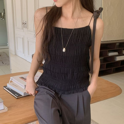Plain Textured Ruffled Hem Camisole Top