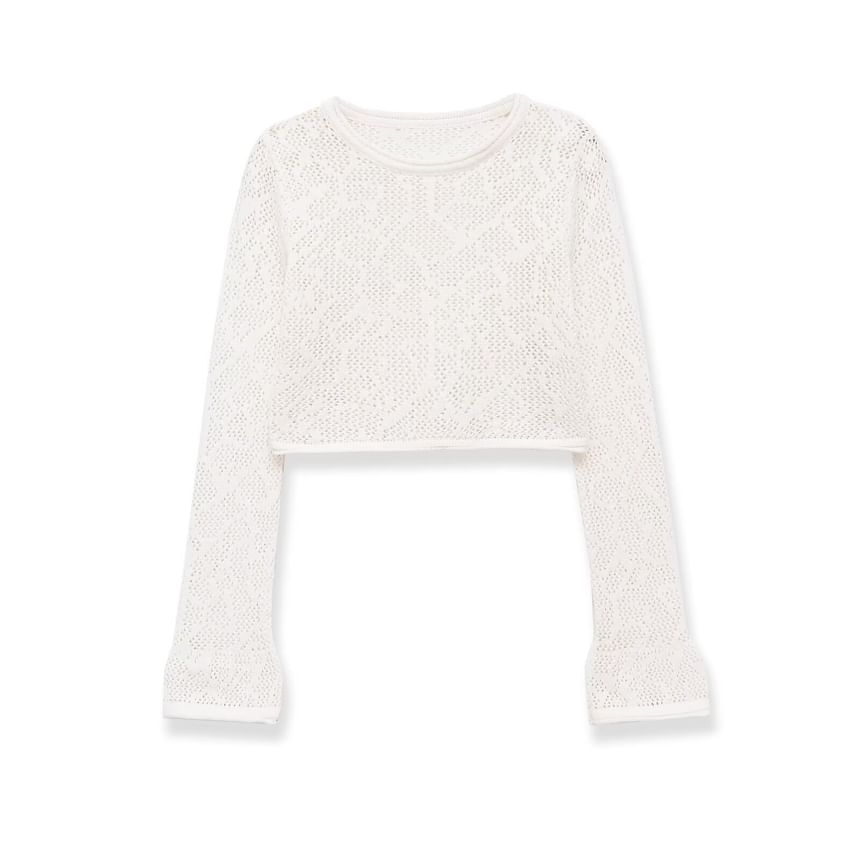 Long-Sleeve Crew Neck Plain Perforated Crop Knit Top