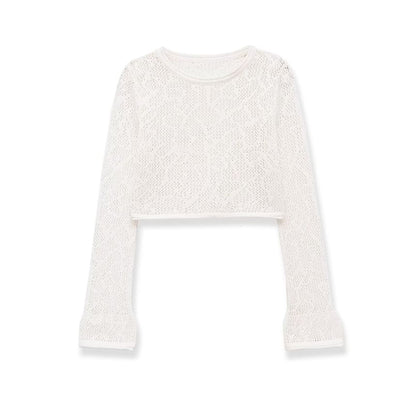 Long-Sleeve Crew Neck Plain Perforated Crop Knit Top