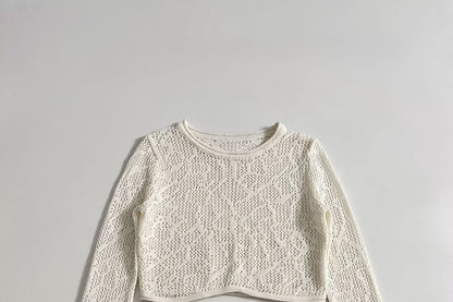 Long-Sleeve Crew Neck Plain Perforated Crop Knit Top