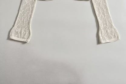 Long-Sleeve Crew Neck Plain Perforated Crop Knit Top