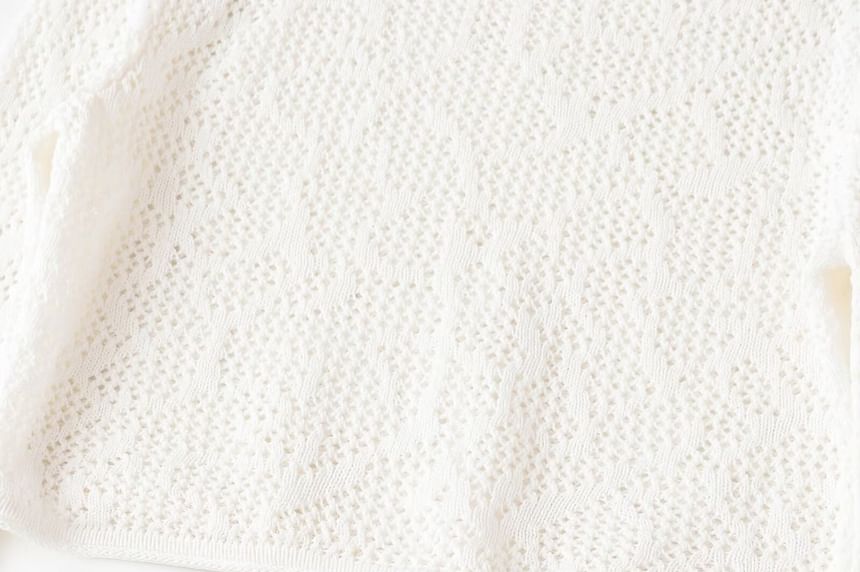 Long-Sleeve Crew Neck Plain Perforated Crop Knit Top