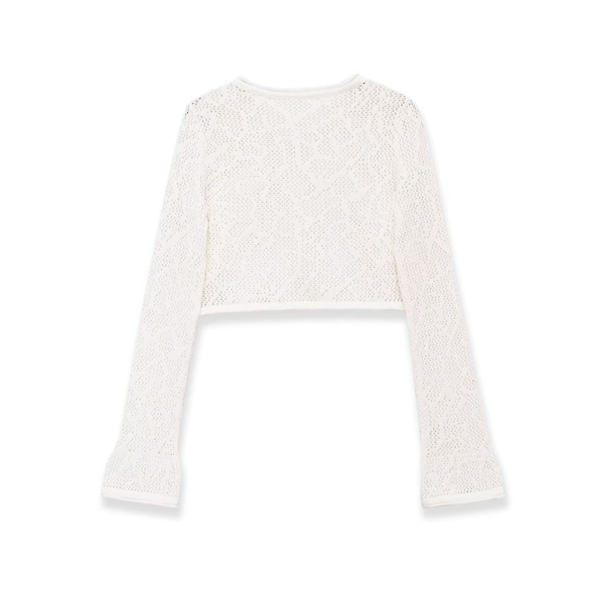 Long-Sleeve Crew Neck Plain Perforated Crop Knit Top