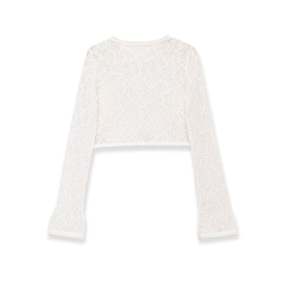 Long-Sleeve Crew Neck Plain Perforated Crop Knit Top