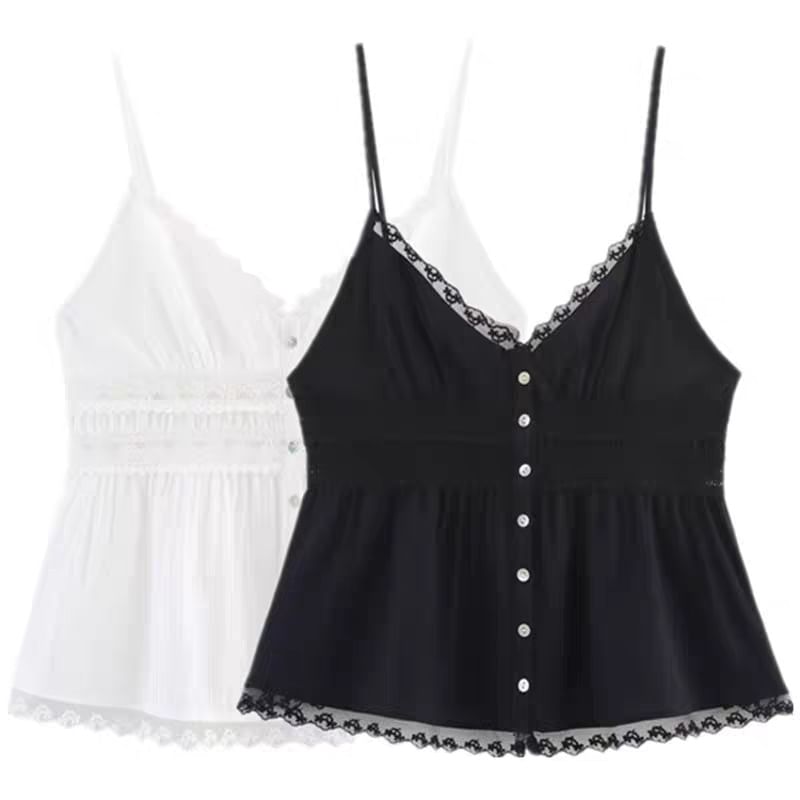 V-Neck Lace Panel Button-Up Crop Camisole Top