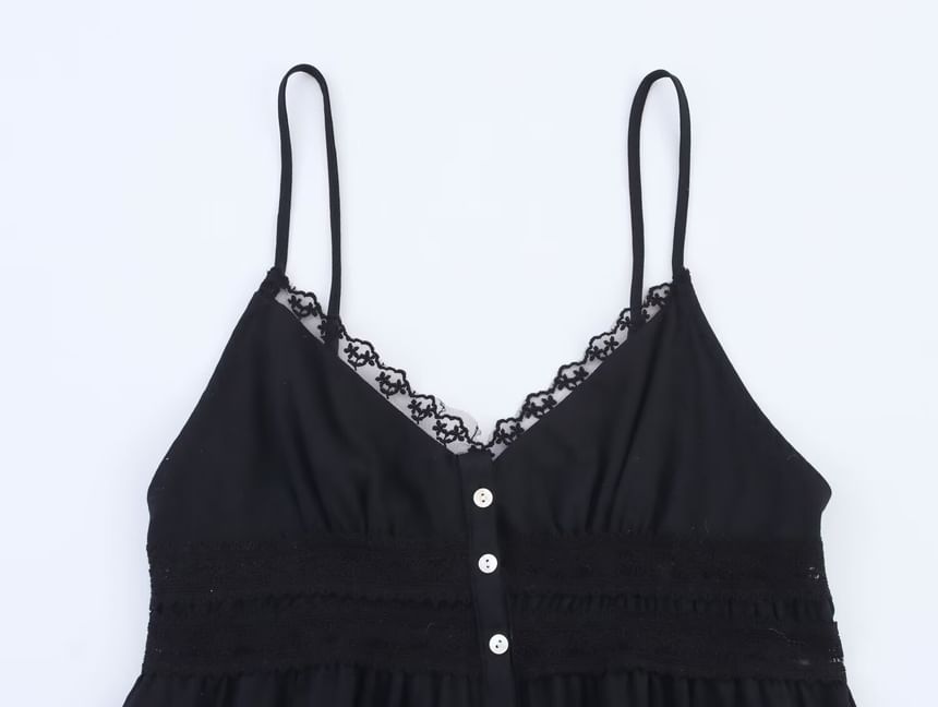 V-Neck Lace Panel Button-Up Crop Camisole Top
