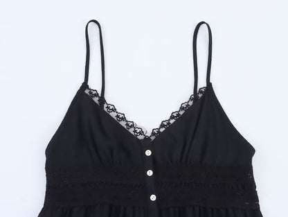 V-Neck Lace Panel Button-Up Crop Camisole Top