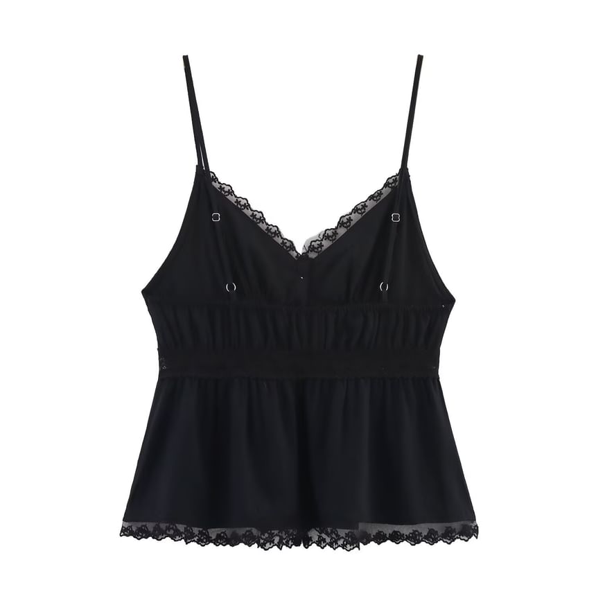 V-Neck Lace Panel Button-Up Crop Camisole Top
