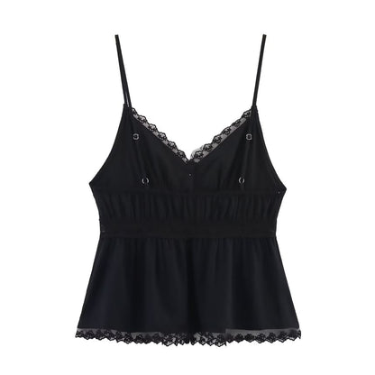 V-Neck Lace Panel Button-Up Crop Camisole Top