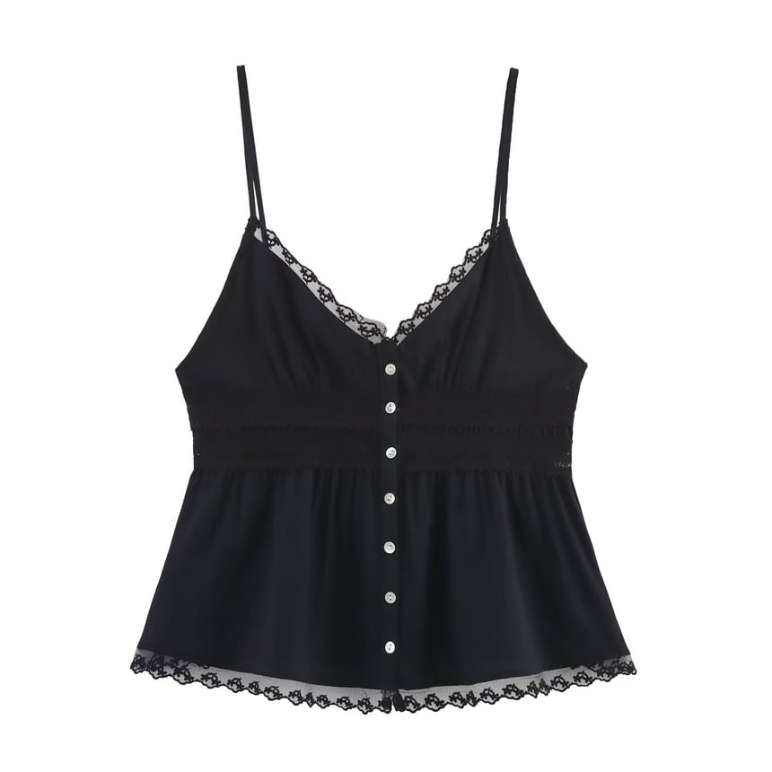V-Neck Lace Panel Button-Up Crop Camisole Top
