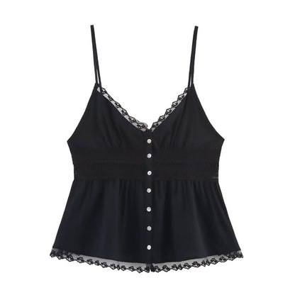 V-Neck Lace Panel Button-Up Crop Camisole Top