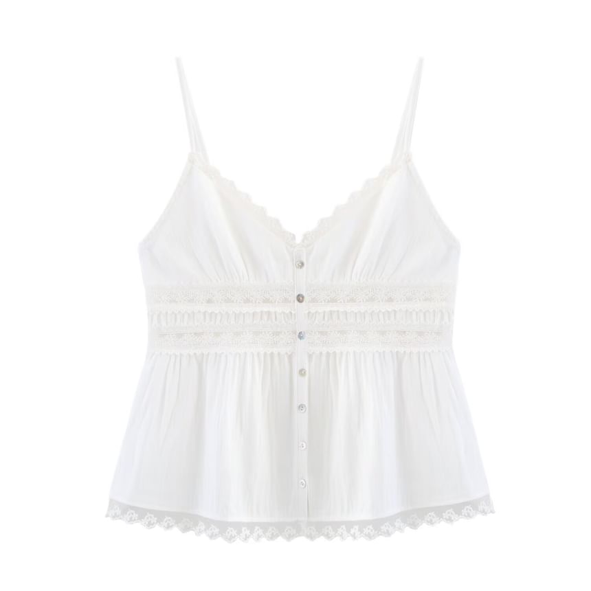 V-Neck Lace Panel Button-Up Crop Camisole Top