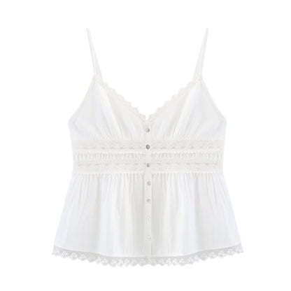 V-Neck Lace Panel Button-Up Crop Camisole Top