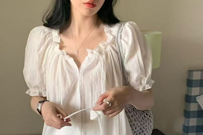 Short-Sleeve Frill Trim Button-Up Plain Blouse