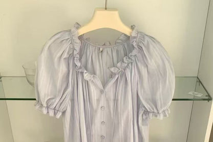 Short-Sleeve Frill Trim Button-Up Plain Blouse