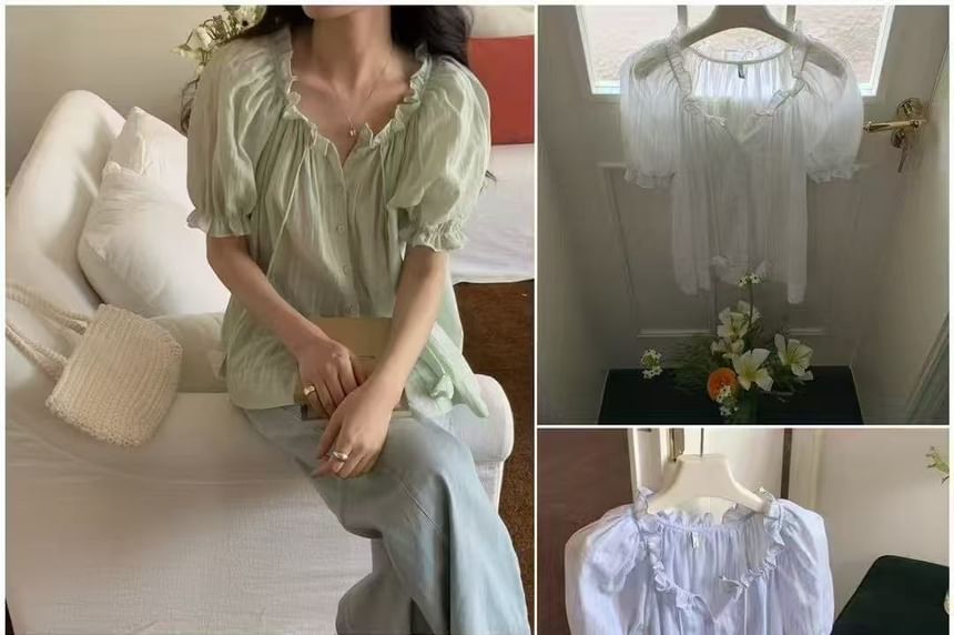 Short-Sleeve Frill Trim Button-Up Plain Blouse