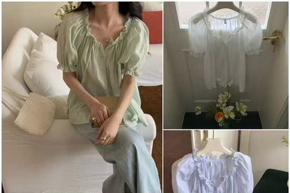 Short-Sleeve Frill Trim Button-Up Plain Blouse