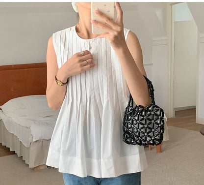 Sleeveless Crewneck Pleated Plain Flowy Blouse