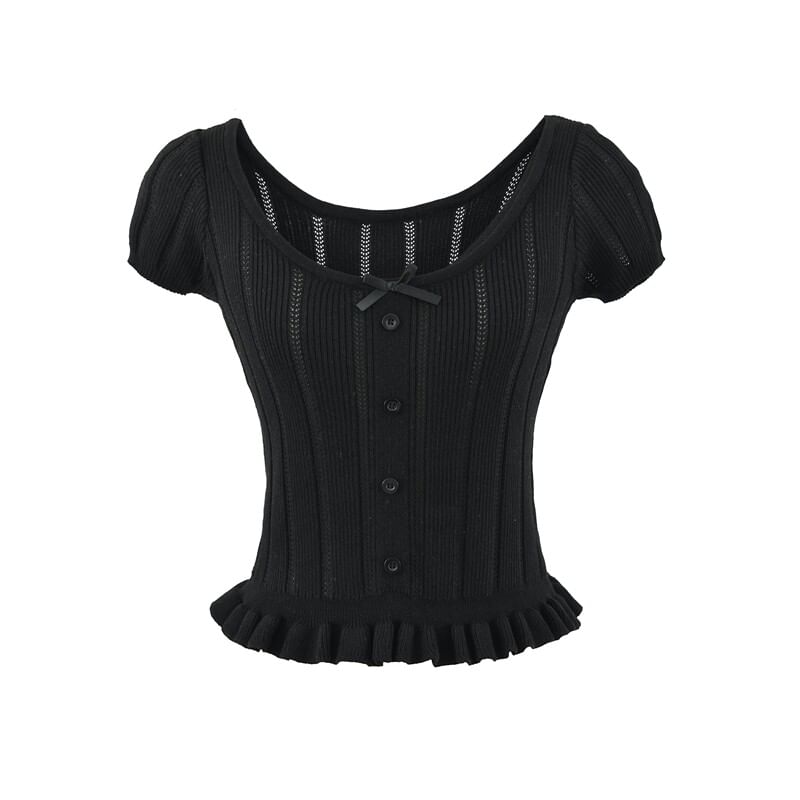 Ribbed Knit Bow Ruffle Scoop Neck Top