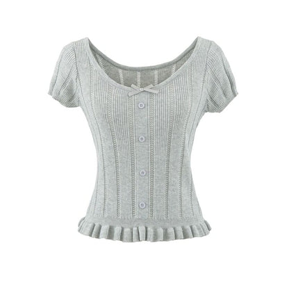 Ribbed Knit Bow Ruffle Scoop Neck Top