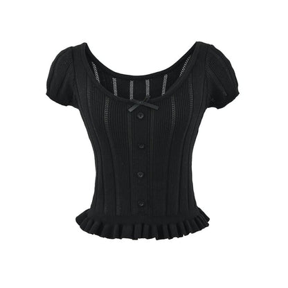Ribbed Knit Bow Ruffle Scoop Neck Top