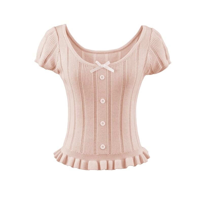 Ribbed Knit Bow Ruffle Scoop Neck Top