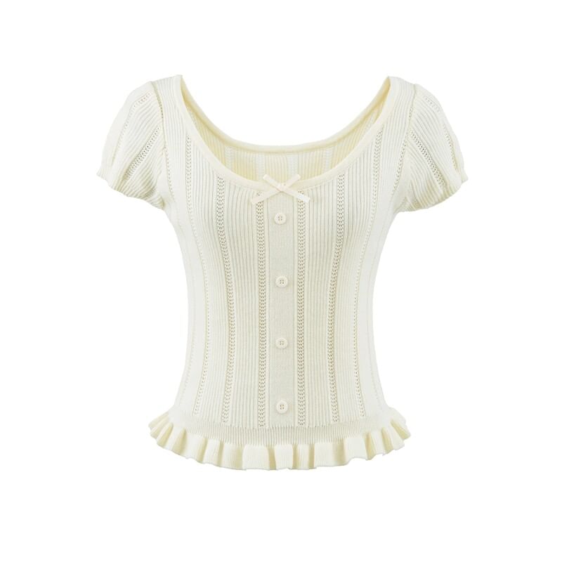 Ribbed Knit Bow Ruffle Scoop Neck Top