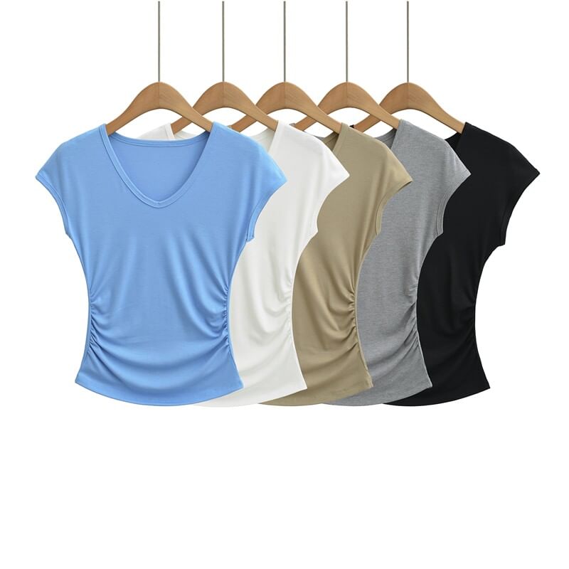Ruched Cap Sleeve V-Neck Tee