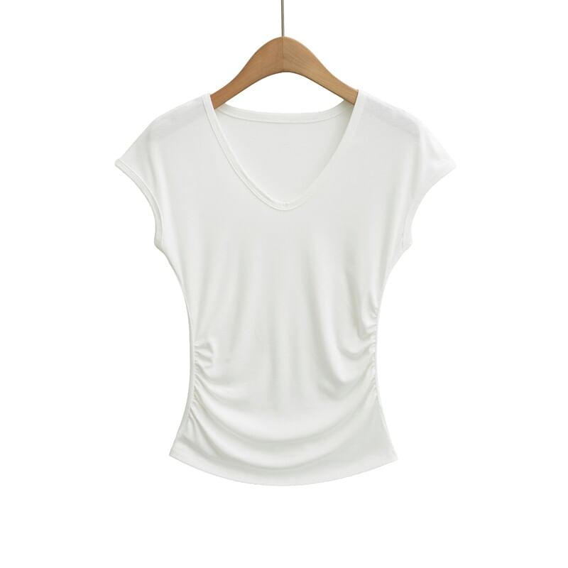 Ruched Cap Sleeve V-Neck Tee