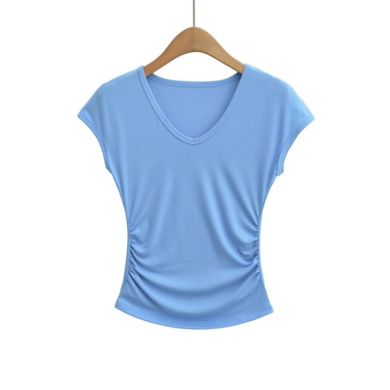 Ruched Cap Sleeve V-Neck Tee