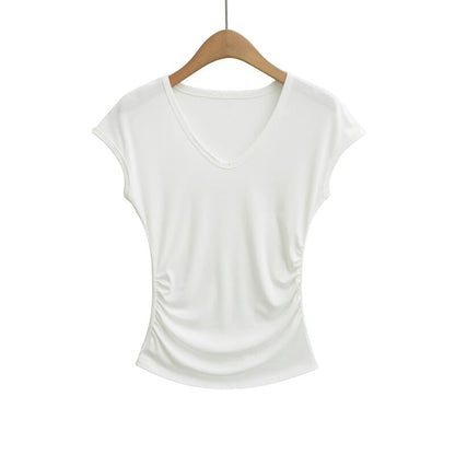 Ruched Cap Sleeve V-Neck Tee