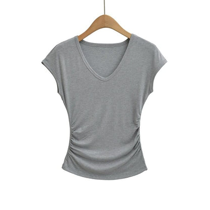 Ruched Cap Sleeve V-Neck Tee